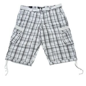XRAY JEANS Men's Plaid White Cargo Shorts Belted Drawstring Hem Size 44